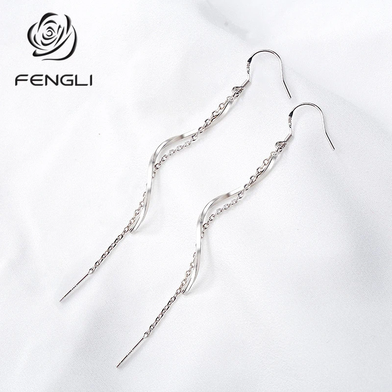 

Korean Fashion Symmetry Line Shape Silver Drop Earring for Women Lovely Tassel Wedding Engagement Jewelry Gift