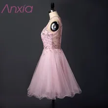 New Style Pale Pink Beaded Organza Short Prom Dresses 2017 Robe De Soiree Anxia A-Line Sequined Evening Dress Formal Party Dress