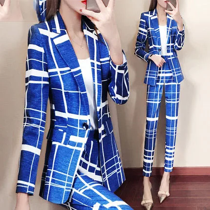 

elegant womens plaid suit slim pant suits for women OL Formal Overalls suit jacket work blazer set womens suits set 2 pieces