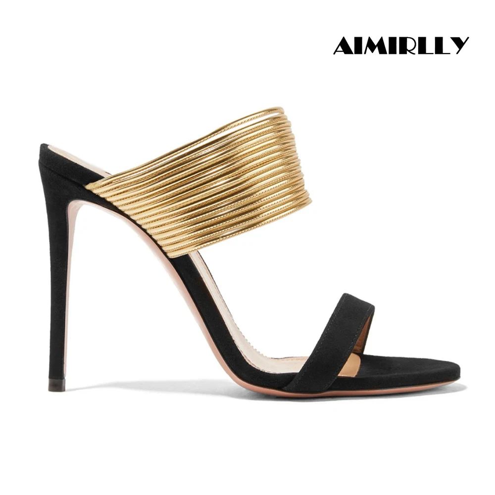 Women Open Toe High Heel Stilettos Mules Metallic Gold Straps Summer