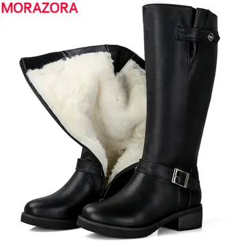 

MORAZORA 2020 top quality genuine leather knee high boots women round natural wool boots ladies warm winter snow boots black