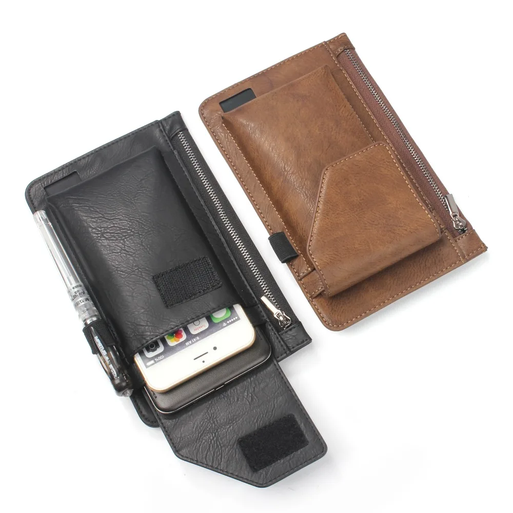 

Men Phone Case Dual Pouch Hip Belt Clip Cover Power Bank Bag Holster Black Flip Zipper PU Leather Universal for 3.0''~6.5''