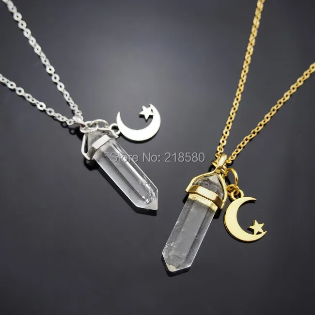 

C150101002 Bohemian Jewelry Crescent Half Moon and Star Necklace Crystal Quartz Point Necklace Silcer or Gold Chain