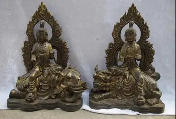 

15"Tibet Old Bronze gild Manjusri Samantabhadra Elephant Lion kwan yin Buddha