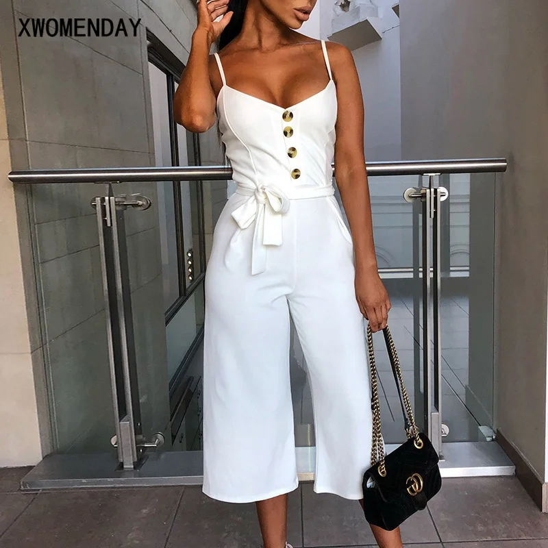 

Casual Lace Up Button Wide Leg Overall Elegant Jumpsuit Summer Jumpsuit Women Sexy Halter Sleeveless Straps Long Jumpsuit