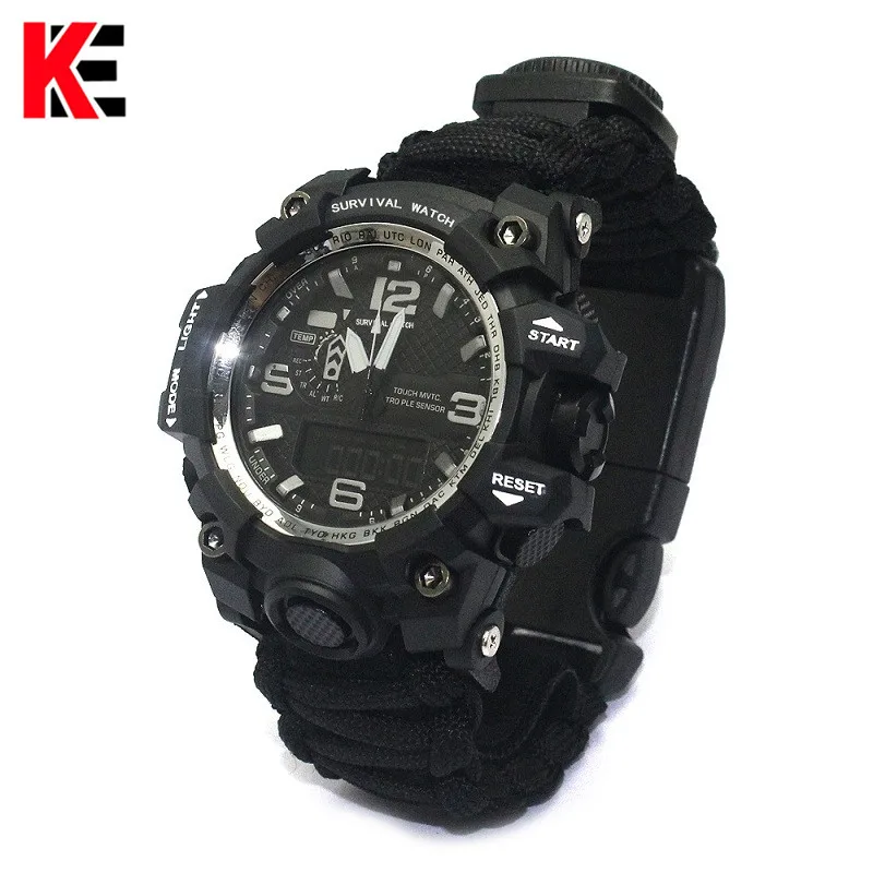 Beste EDC Survival Horloge Outdoor Camping Multi functionele Horloge Kompas Thermometer Rescue Touw Paracord Armband Apparatuur Gereedschap kit