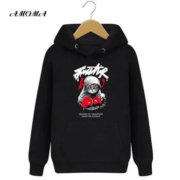 

AMOMA Couplewear Hoodies For Couple Lovers Fashion Pure Color Pullover With Boxing Cat