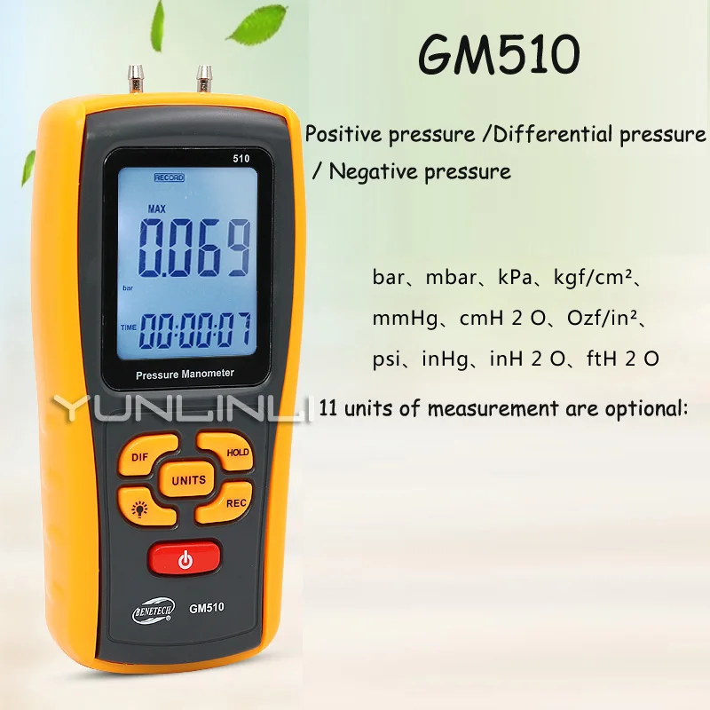 GM511 50KPa Digital LCD Display Pressure Manometer Yellow Differential Manometer Pressure Gauge High precision Multi-function GM511 50KPa Digital LCD Display Pressure Manometer Yellow Differential Manometer Pressure Gauge High precision Multi-function