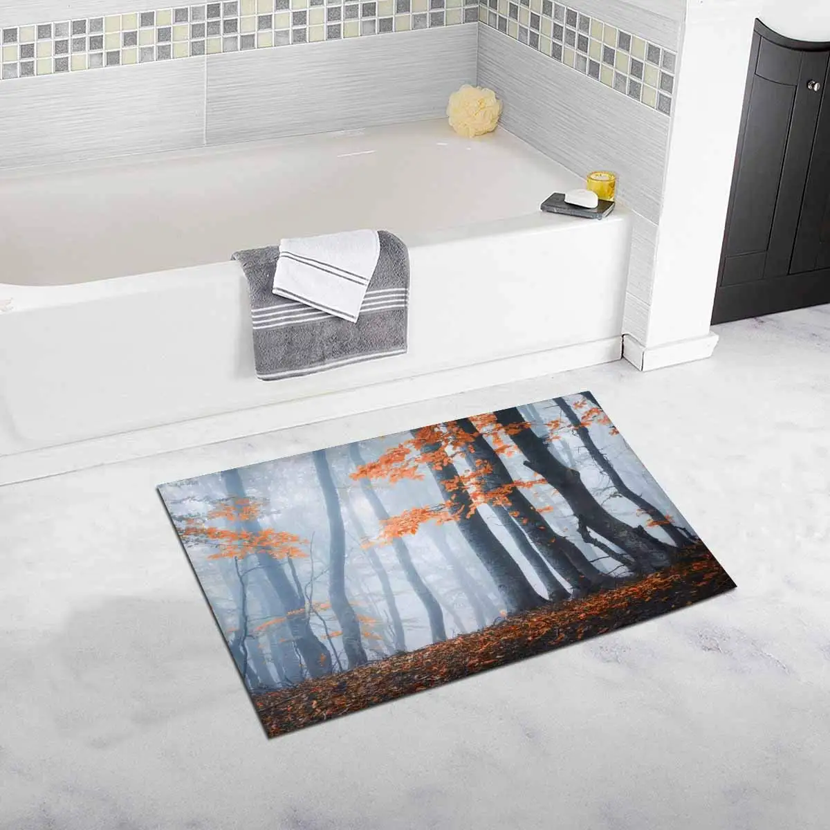 

Autumn Forest in Fog Beautiful Enchanted Slim Trees Soft Shaggy Bath Mat Non-slip Rubber Bathroom Rug Floor Mats