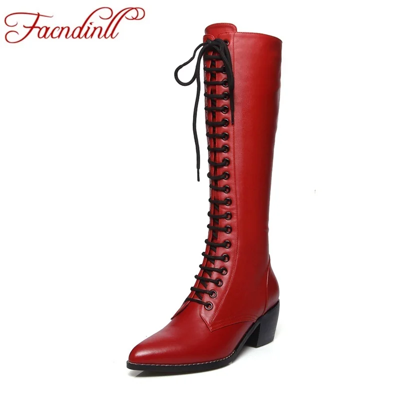FACNDINLL new 2018 fashion lace up women over the knee high boots cow leather+pu pointed toe women winter motorcycle boots woman