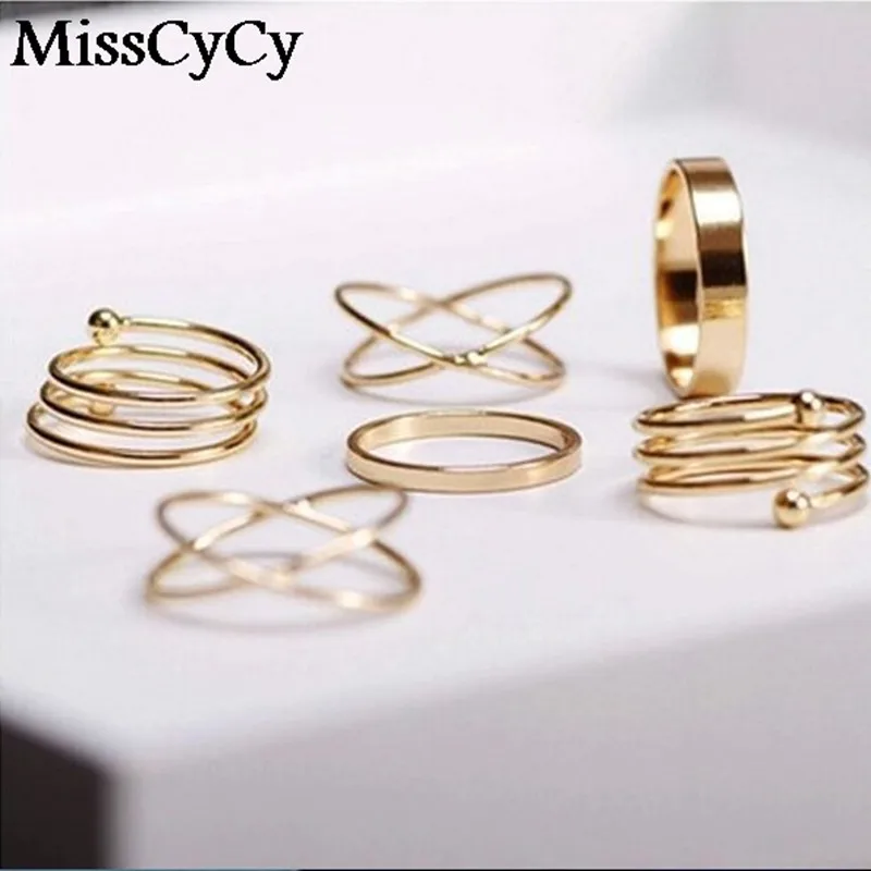 

MissCyCy Hot Unique Ring Set Punk Gold Color Knuckle Rings for women Finger Ring 6 PCS Ring Set Best Selling 2016