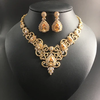 

2019 new fashion retro palace noble V champagnel zircon necklace earring set wedding bride banquet dress jewelry free shipping