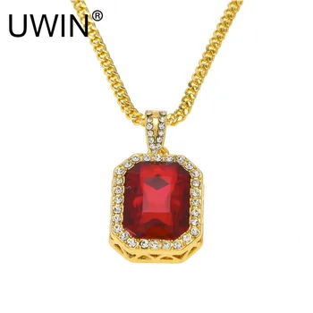 

UWIN Men Fashion Hip hop Pendant Gold Color Lced Out Rhinestone Mini Square Red Blue Gem Crystal Pendant Necklace Chain Jewelry