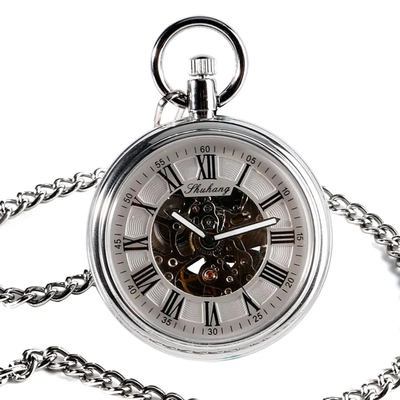 Self Winding Automatic Mechanical Classic Trendy Stylish Exquisite Roman Numbers Open Face Pocket Watch Fob Retro 4