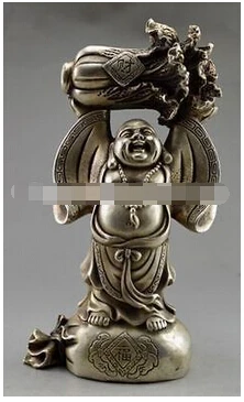 

Collectible Decorated Old Tibet Silver Carved Buddha Held Cabbage Bless Statue crafts halloween Arts Decoration Brass