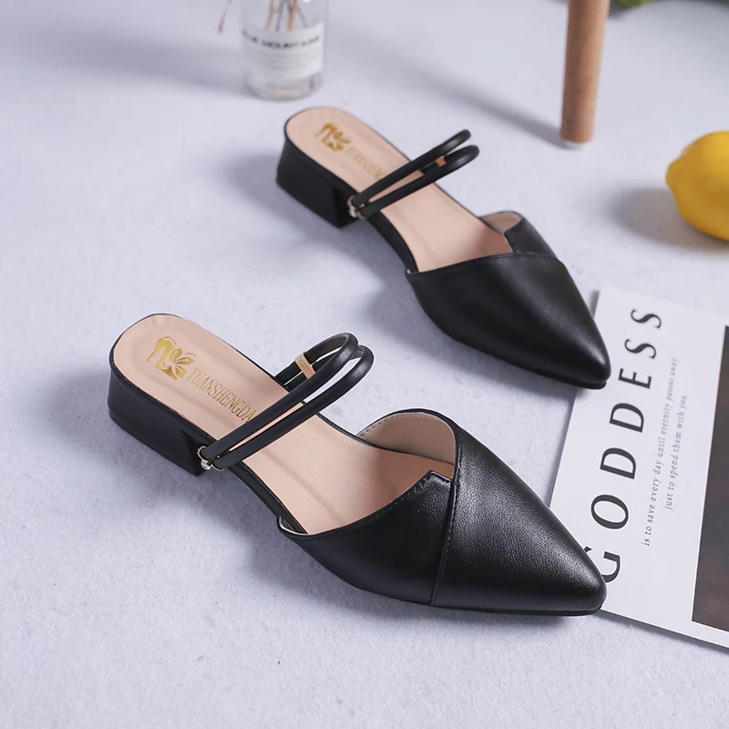 Najtaniej Party Chic kobiety muły pantofel szpiczasty nosek pasek blokowy zamknięte płytkie buty na obcasie buty sandały czarne beżowe kwadratowe czółenka