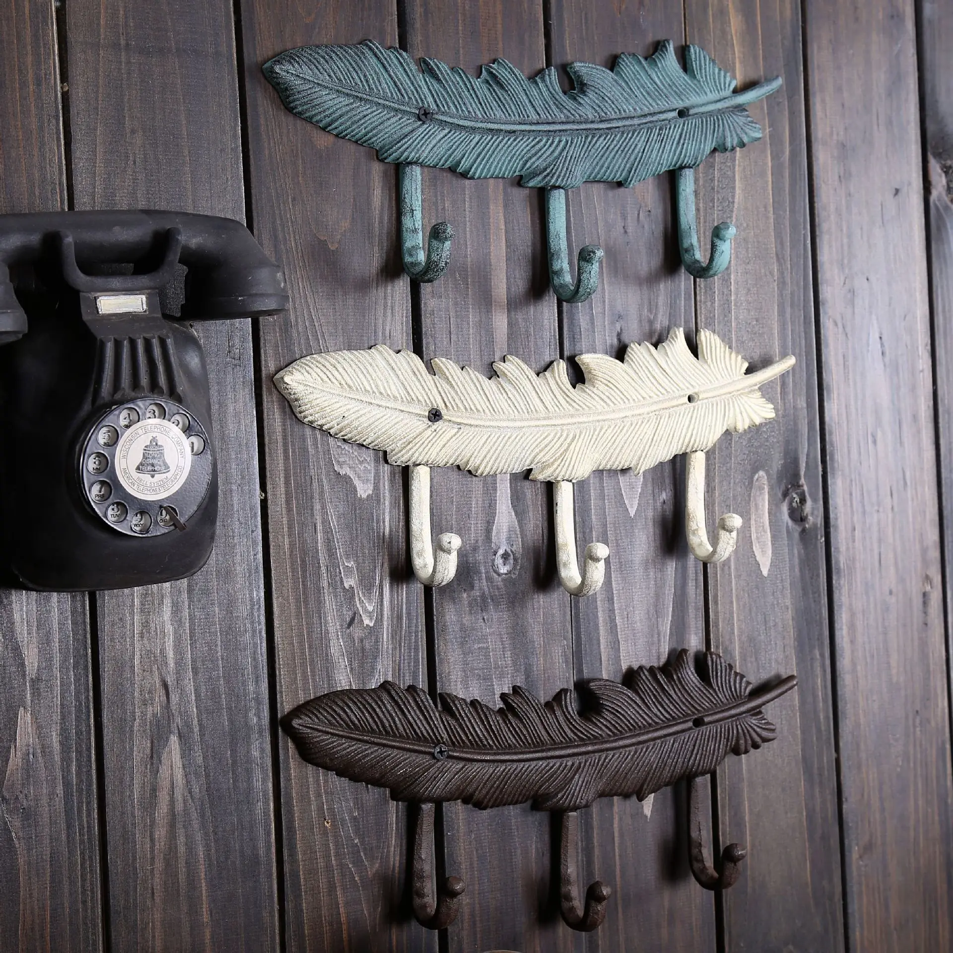 Vintage iron feather hook bar iron wall decor hook creative hanger-in Wind Chimes & Hanging ...