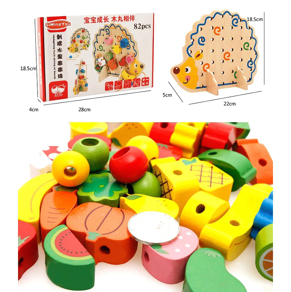 1 Set Creative Useful Wood Hedgehog Fruit Vegetable Beads Building Thread Toy for Kids
