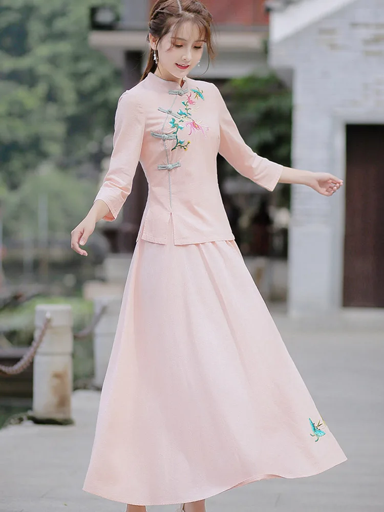 Chinese Style 2 Piece Set Women Summer Ethnic Linen Embroidered Top and Skirt Tang Suit Two Piece Skirt Set Pink Outfits