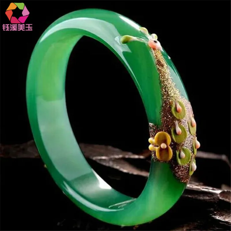 Натуральные зеленые браслеты с цветным рисунком павлина и цветка браслеты подарок для женщин ювелирные изделия нефрита