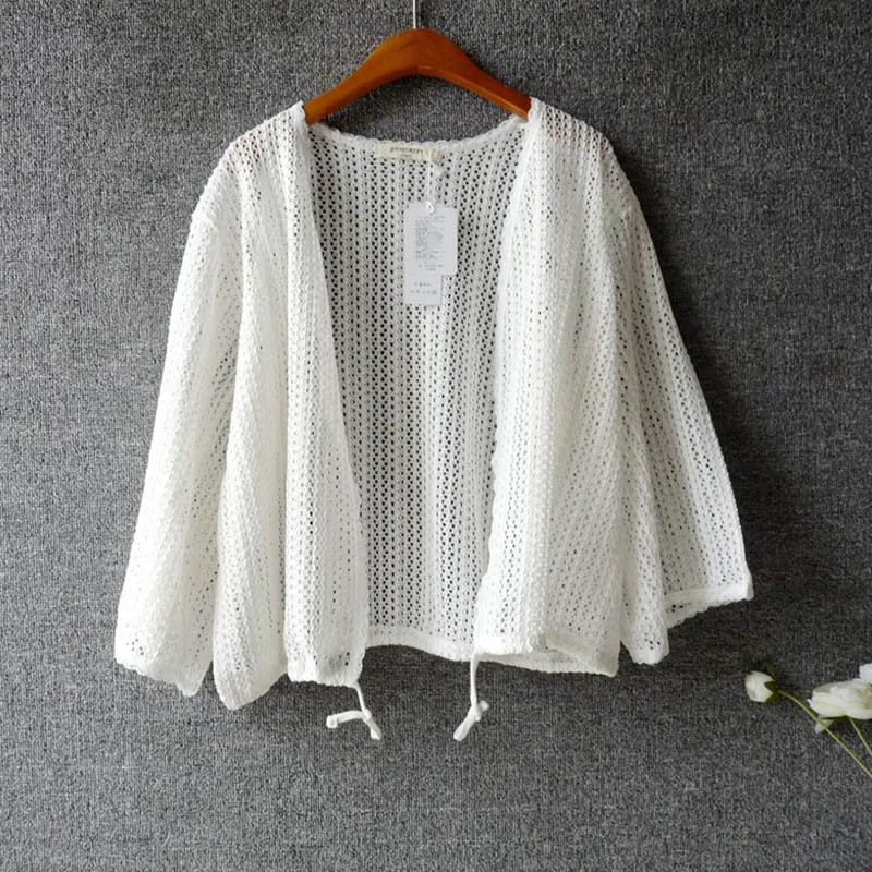 Najtaniej Na co dzień Słodkie Dzianiny Bluzka Sweter Szal damski Suncreen Trzy Czwarte Rękaw Biały Hollow U524 Mori Dziewczyna Bluzka Blusa Cardigan