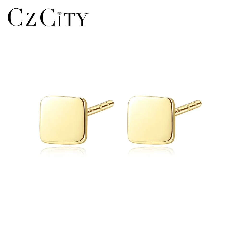 CZCITY новые оригинальные 14K желтого золота милые Квадратные серьги гвоздики для