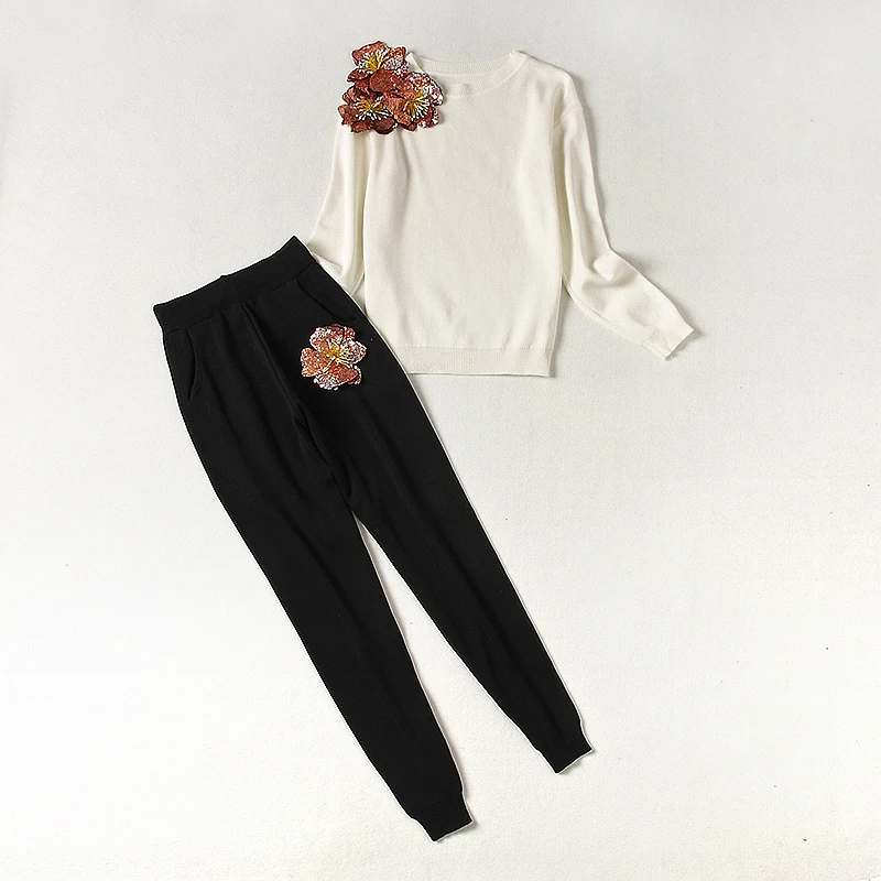 ALPHALMODA свитер с блестками и цветочным принтом+ брюки 2 шт. модные костюмы для женщин осень зима Vogue стильные Джемперы брюки наборы