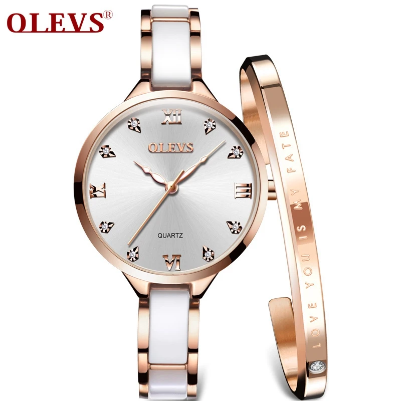 OLEVS высокое качество японский механизм кварцевые женские часы из нержавеющей стали керамический браслет модные женские часы водонепроницаемые часы - Цвет: White Rome Bracelet