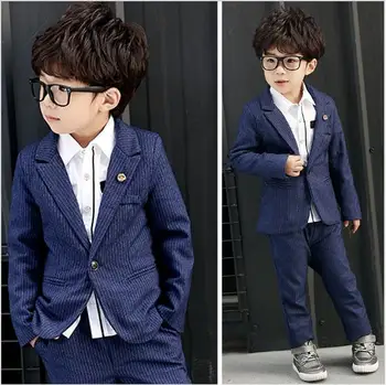 

2018 Formal Brand 2Pcs Boys Spring Formal Wedding Suit Top Quality Gentle Boys striped Suit Children Wedding Suits blue/black