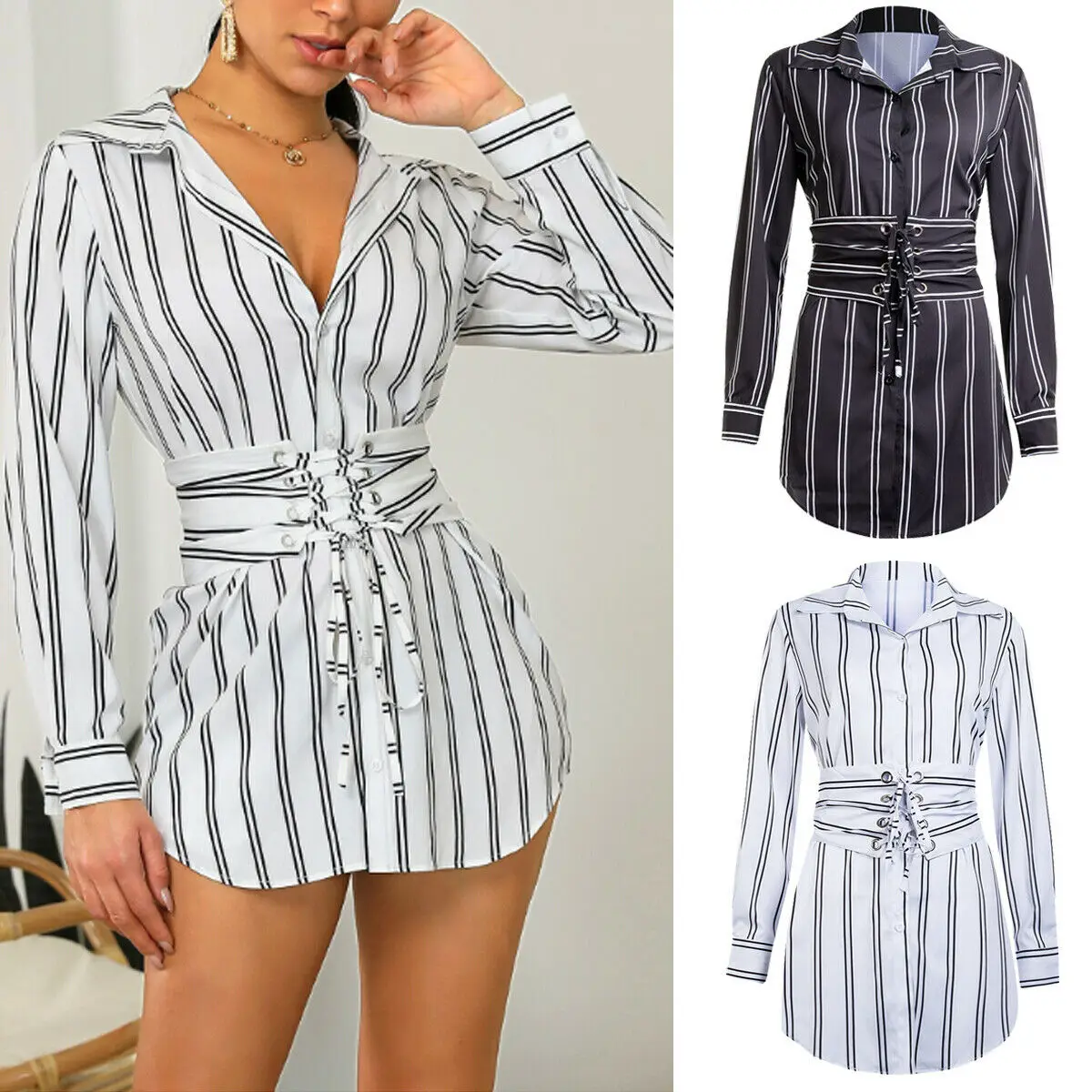 

New Fashion Women Long Sleeve Striped Long Shirts Loose Casual Bandage Tops Shirts Blouses
