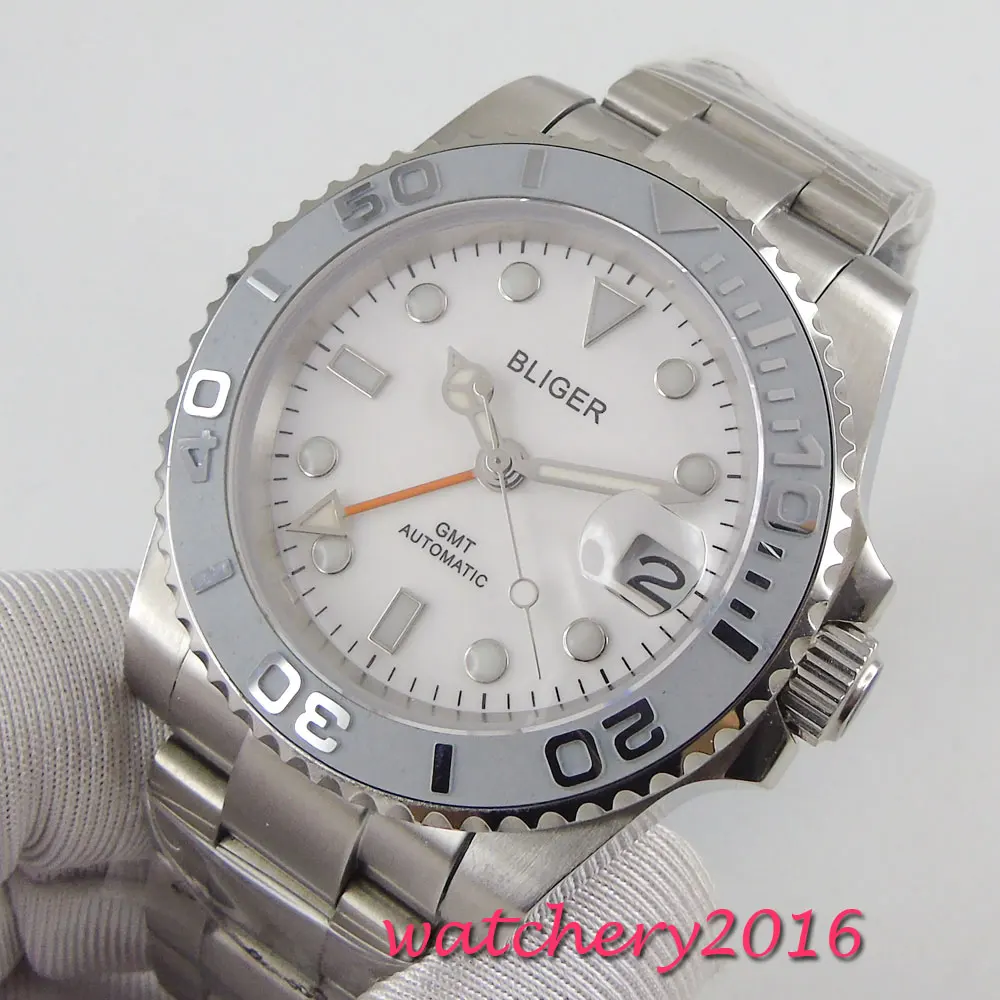 Bliger 43 мм белый циферблат светящиеся стрелки GMT нержавеющая сталь сапфировое