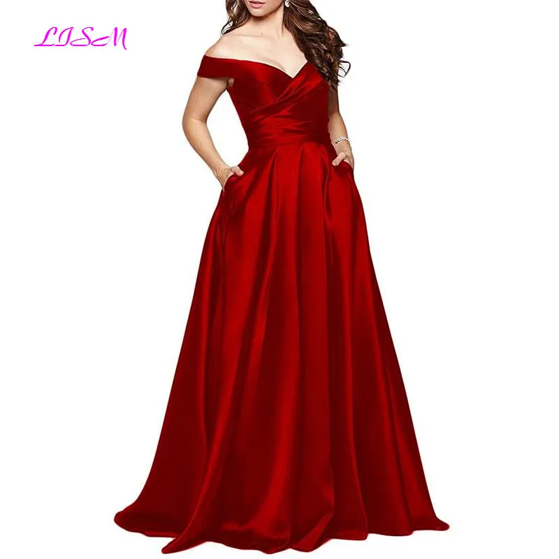 

Elegant Women Off Shoulder Prom Dresses 2019 Plus Size Long Formal Wedding Bridesmaid Gown Ruched Satin Party Dress with Pockets