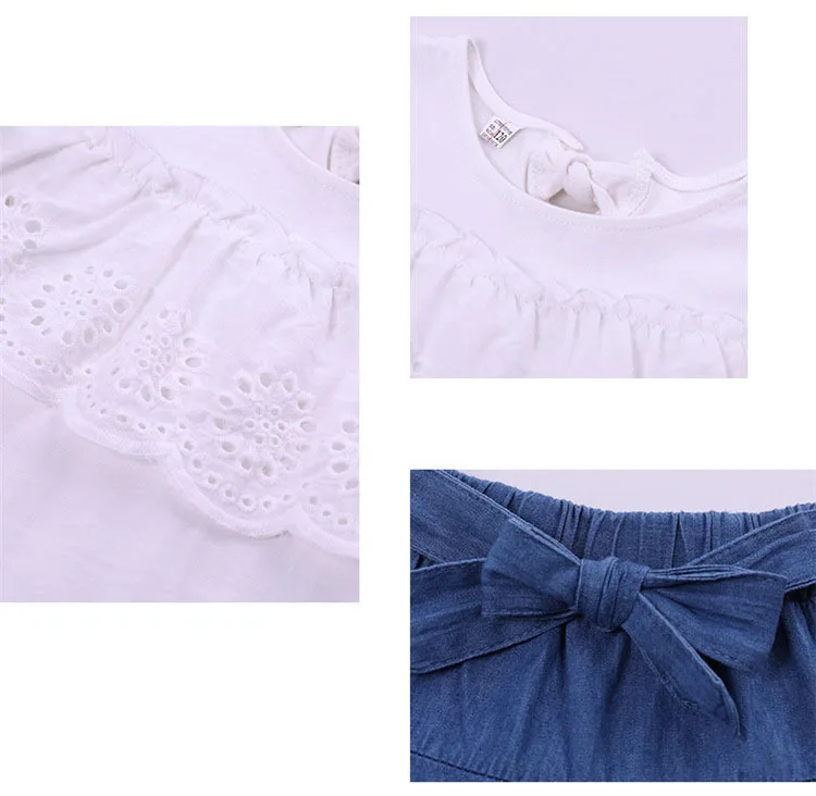 Детский комплект из 2 предметов летние комплекты Одежда для девочек-подростков кружевные футболки с рукавом-бабочка блузки+ джинсовые шорты; деним детская одежда