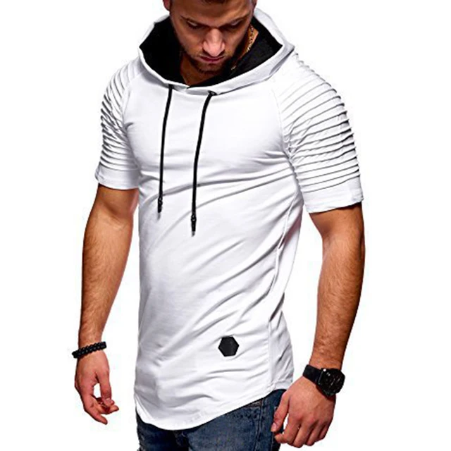 Casual Men's Basic Short Sleeve Solid Hoodies Pleated Shoulder Slim Fit ...