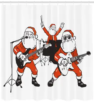 

Funny Shower Curtain by Santa Claus Rock Band Playing Drums Guitar Father Christmas Show Print Fabric Bathroom Set Charcoal