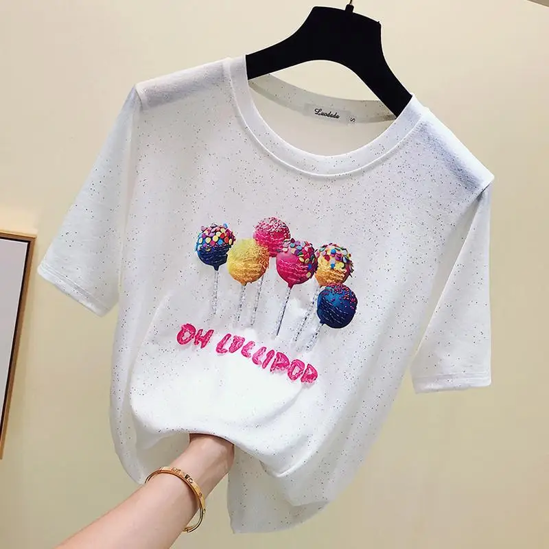 

Zuolunouba Beading Lollipop Harajuku T Shirt Women Causal Tees Tops White Short Sleeve Summer Clothes Drop Shipping