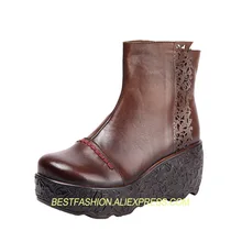 autumn and winter thick leather boots top layer leather short tube hollow carved wedge with women’s boots boots women