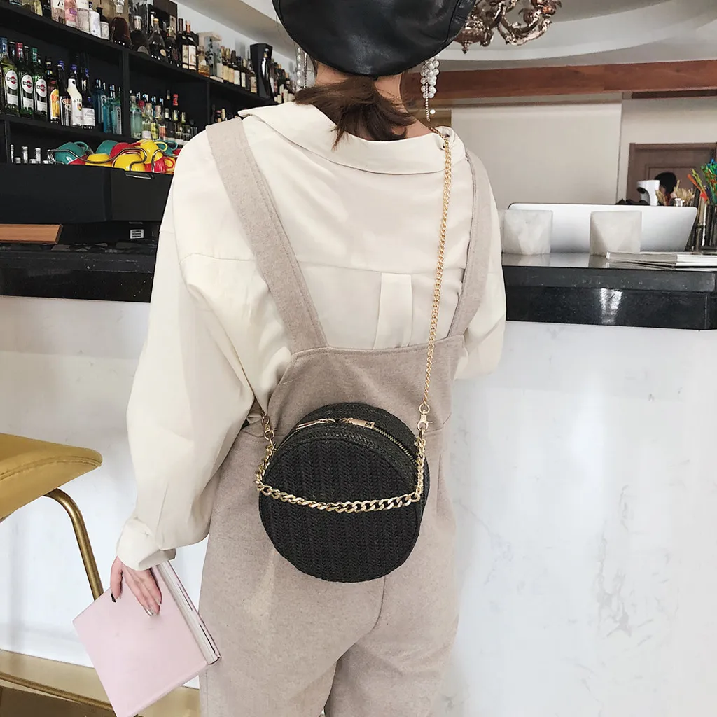 Новая женская круглая сумка через плечо, плетеная Женская цепочка соломенного цвета, сумка через плечо, повседневная сумка на молнии для покупок, женская сумка#30