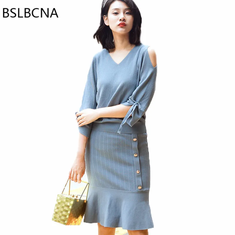 

Autumn Vintage Two Piece Set Knitted Clothes Woman Clothing Sexy Off The Shoulder Tops Bodycon OL Mermaid Skirt Female A173