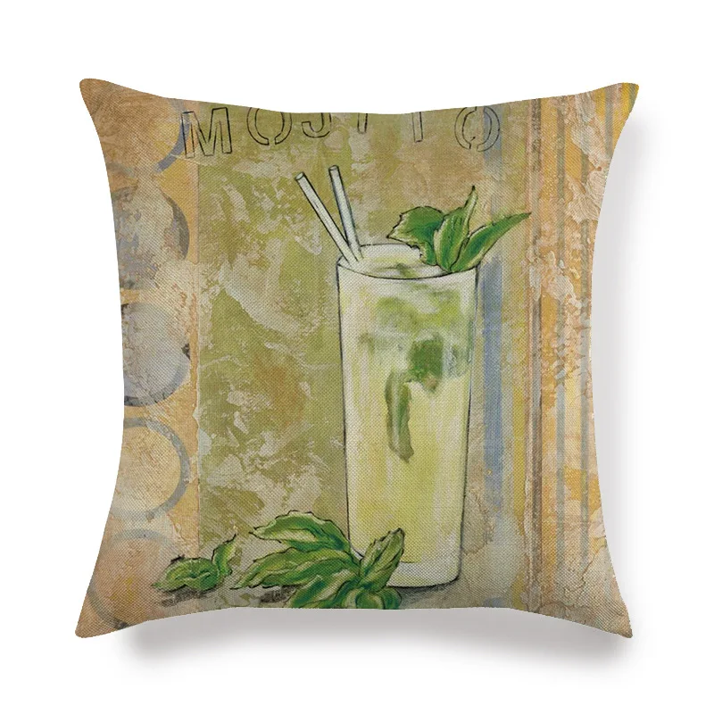 Summer Fruit Goblet Drink Pattern Cushion Cover Lemon Strawberry English Nostalgic Pillow Case Watercolor Square Chataccessories