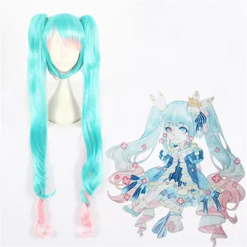 

Vocaloid Hatsune Snow Miku Cosplay Wig Gradient Blue 120cm Long Wavy Synthetic Hair With Chip Ponytails