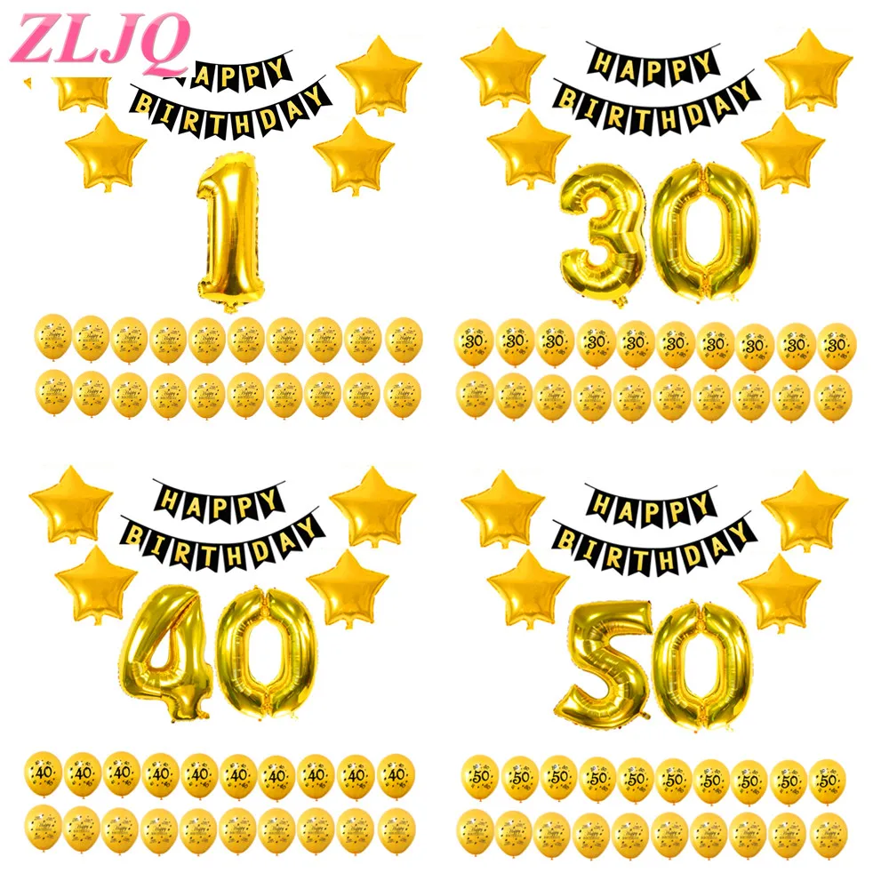 ZLJQ 1set Gold 1 30 40 50 Happy Birthday Banner 40inch Foil Balloon Paper Bunting Ballon Party Decoration Kids Supplies | Дом и сад