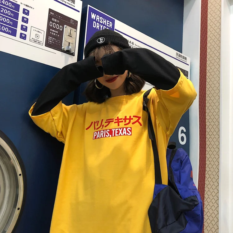 Весна Harajuku японский Винтаж футболка с длинными рукавами для Для женщин Футболки Уличная поддельные 2 шт желтые футболки женские топы