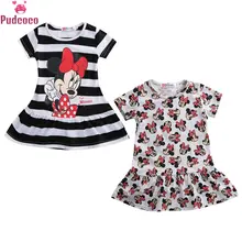 Детские платья для девочек от 3 до 7 лет, платье в полоску с короткими рукавами и рисунком Минни Маус летнее платье для маленьких девочек, сарафан