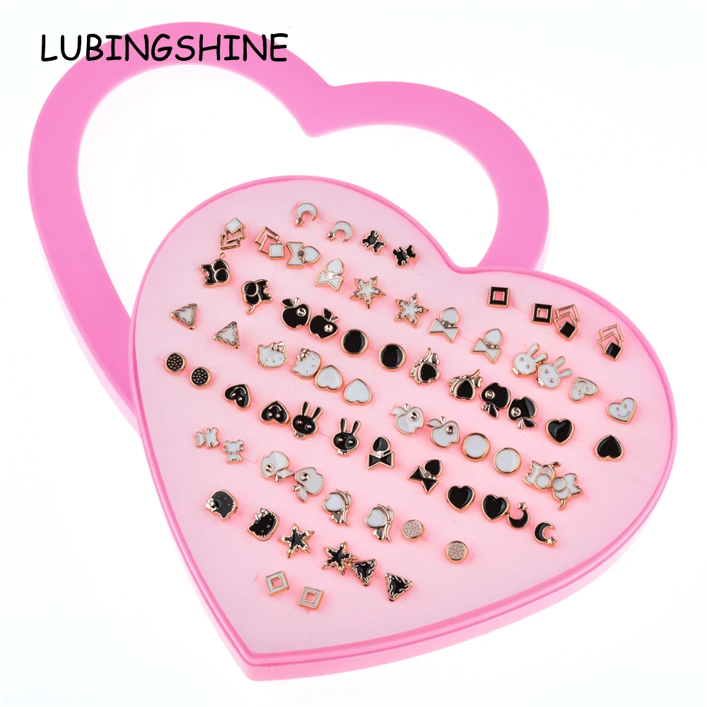 

LUBINGSHINE Women 36 Pairs /Lot Cute Acrylic Small Stud Earrings Sets Girl Fashion Party Birthday Jewelry With Heart Gift Box
