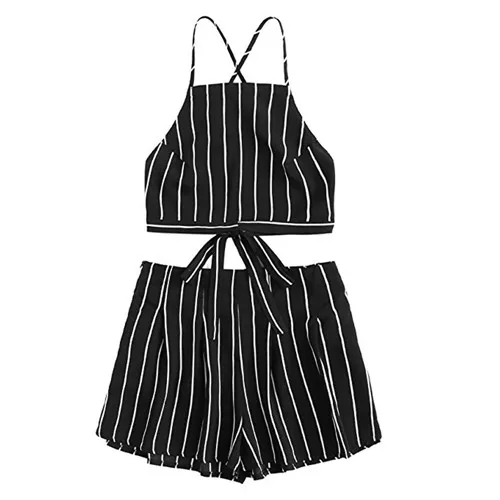 JAYCOSIN Women Set Clothes Sexy Stripe Two Piece Set Bandage Strap Crop Cami Top And Shorts Summer Matching Sets Black White - Цвет: BK