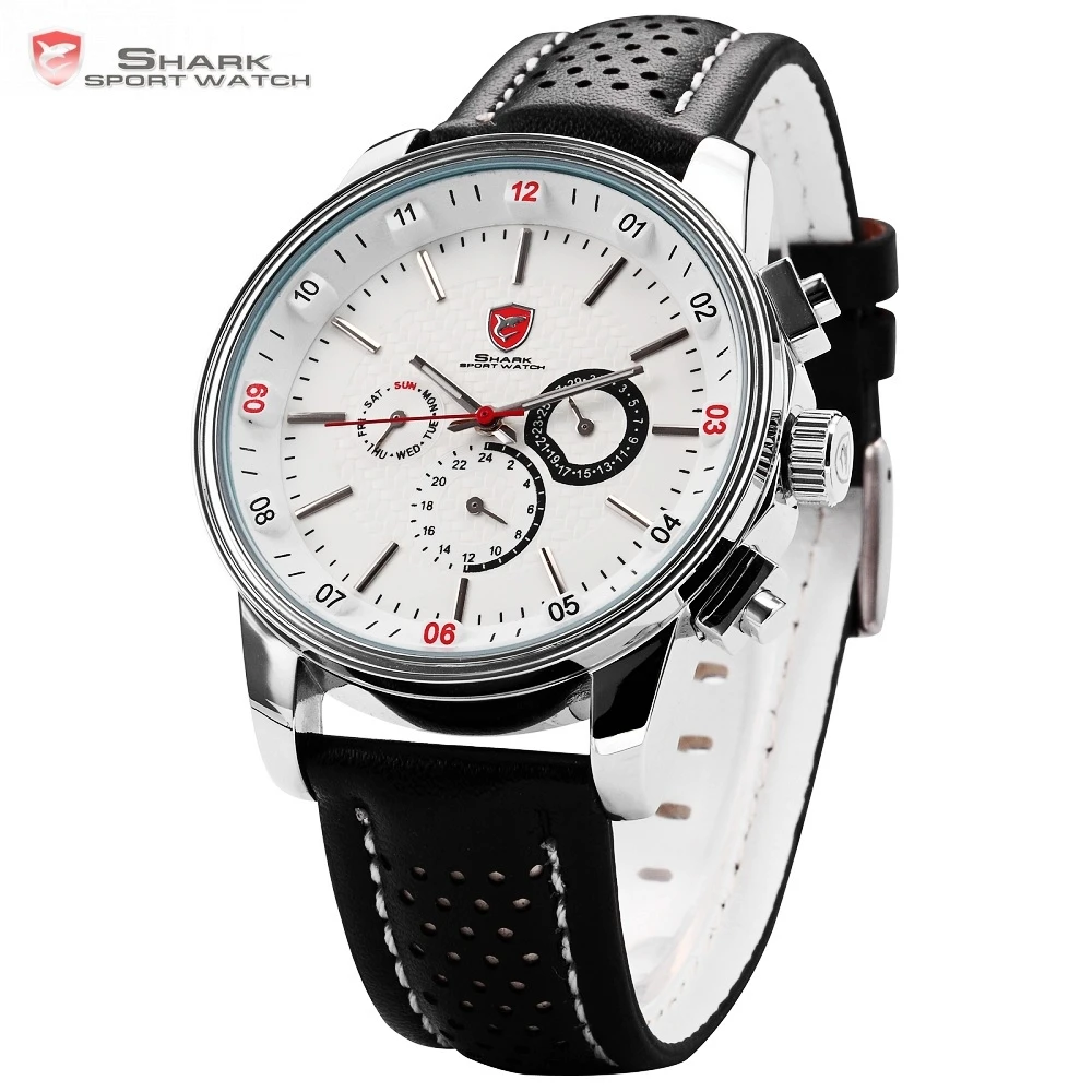 Pacific Angel Shark Sport Watch Men's White Date Day Fashion Casual Men Wristwatch Black Leather Strap Quartz Clock Male / SH093