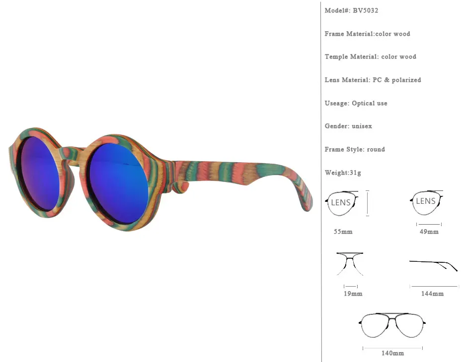 SPITOIKO Деревянный модные солнцезащитные очки с поляризованными линзами для вождения для Для женщин, Круглые, цветные солнцезащитные очки UV400 BV5032