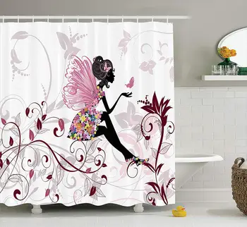 

Waterproof Shower Curtain Girl With Wings Butterfly Flower Pattern Bathroom Shower Curtain Bathroom Decoration