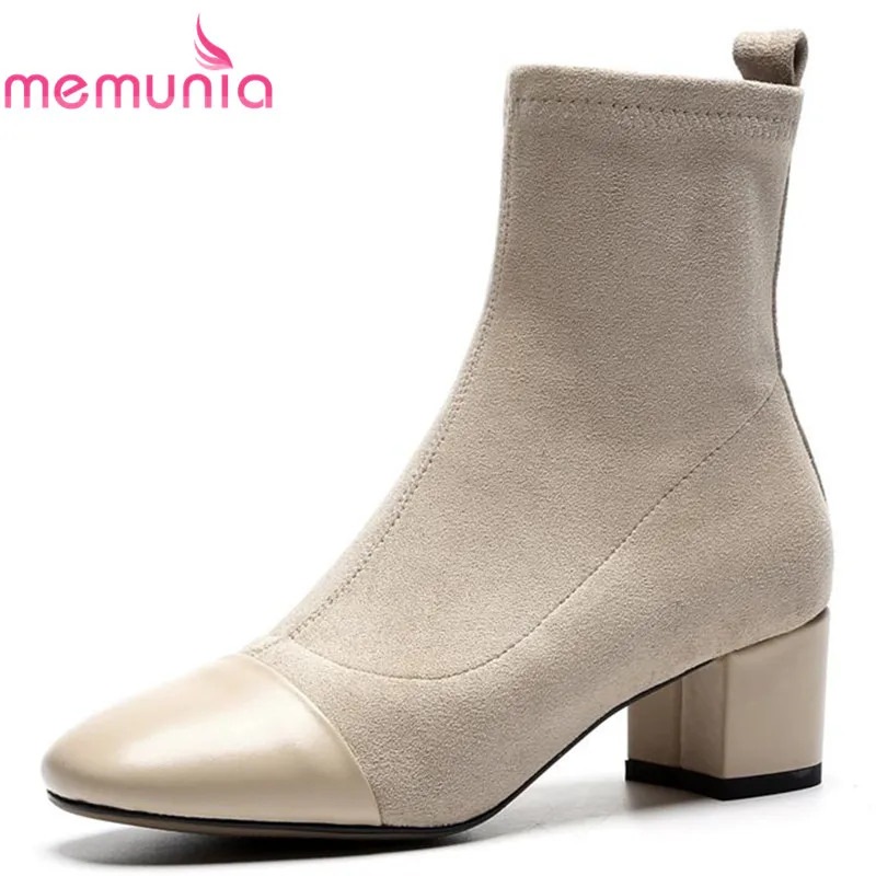 

MEMUNIA square toe ankle boots women fashion autumn winter cloth+genuine leather boots med heels shoes woman plus size 33-43
